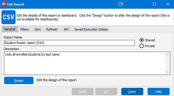 This image shows the Edit Report dialog with the General tab selected.  The Report Name and Description fields are filled in.  The report is designated as Public.